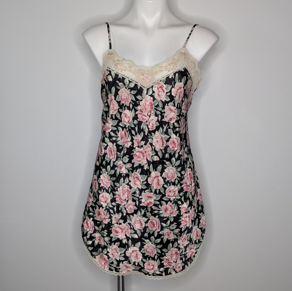 Vintage Sears Inner Most Black Pink Green Floral Rose Lace Slip Dress Lingerie M
